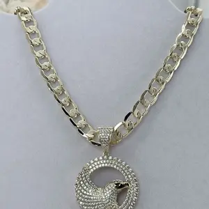 (88) 14K Gold Plated Rhinestone Eagle Pendant for Men with 9mm 24in Cuban Chain