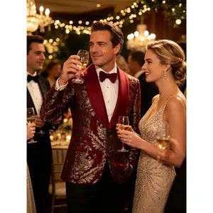 Red Gold Brocade Tuxedo Jacket - Formal Shawl Lapel Blazer for Men