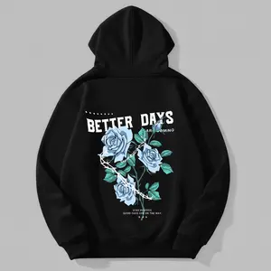 Men's Blue Roses & Positive Quotes Graphic Hoodie - Cotton Blend Black Long Sleeve Pullover Regular Fit |   Soft & Breathable Fabric, Durable Print, Everyday Comfort, Machine Washable, streetwear urban outdoor