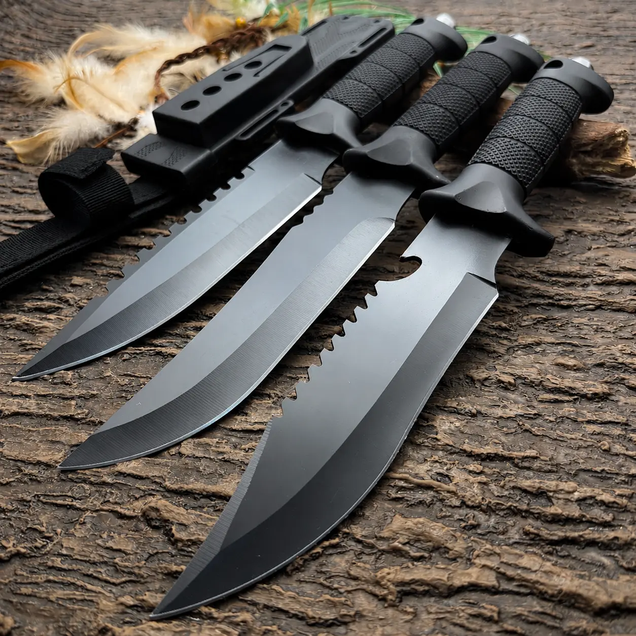 3-Piece Multi Profile Kitchen Meat Cutting Knife Set - Black Coated Stainless Steel Fixed Blade with Full Serrated Spine Blade, Textured Anti-Slip Grip Handle for Home Cooking Household Food Prep, Three Knives, Textured Handle