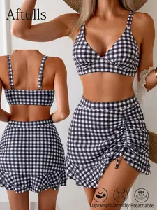 Women's Fashion Bikini Set, Sexy V-Neck Adjustable Straps, Plaid Print, Bra & Ruched Skirt Two-Piece, Vacation Style, Plaid Bikini Bottom, Swimsuit Set