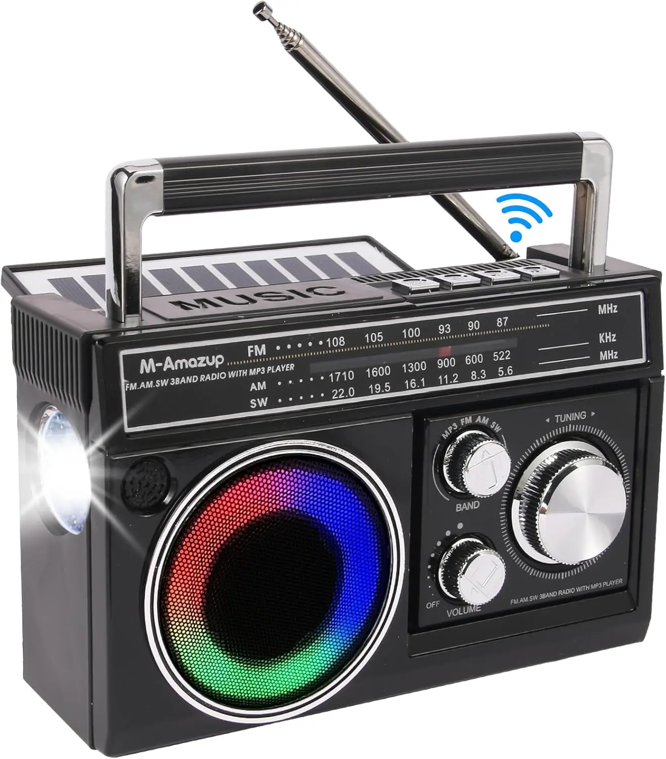 Classic retro radio Bluetooth speaker with AM/FM/SW bands, portable rechargeable radio, solar charging support, strong signal reception, flashlight, TF card MP3 playback, vintage wireless speaker for home, hiking, and camping activities