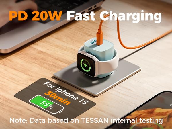 Charging Blocks for Apple Watch, 3-in-1 PD 20W USB C Charger Block with Built-in Wireless Watch Charging, Dual Ports Wall Charger Compatible with iPhone,iWatch