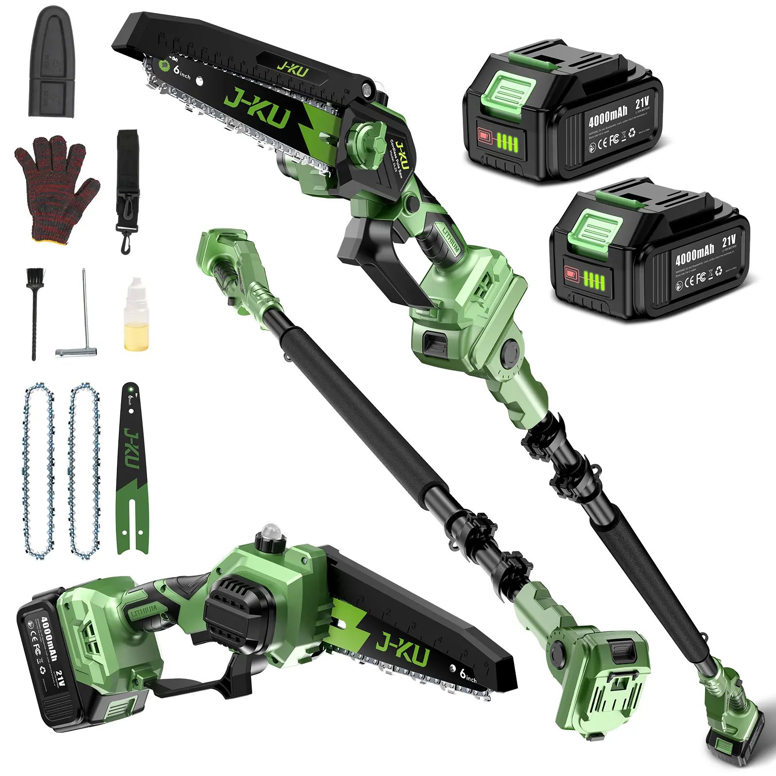 J-KU 2-in-1 Brushless Battery Powered Cordless Pole Saw & Mini Chainsaw, 9.4FT Reach Tree Trimmer, 2x 4.0Ah Batteries, Tool-Free Tensioning, 120° Adjustable Head, Brushless Chainsaw, Battery Powered Chainsaw