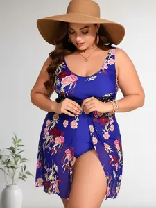 Plus Size Blue Floral Print One Piece Swimdress, V Neck Pleated Tummy Control Bathing Suit for Women,Sleeveless V Neck Tummy Control Swimwear