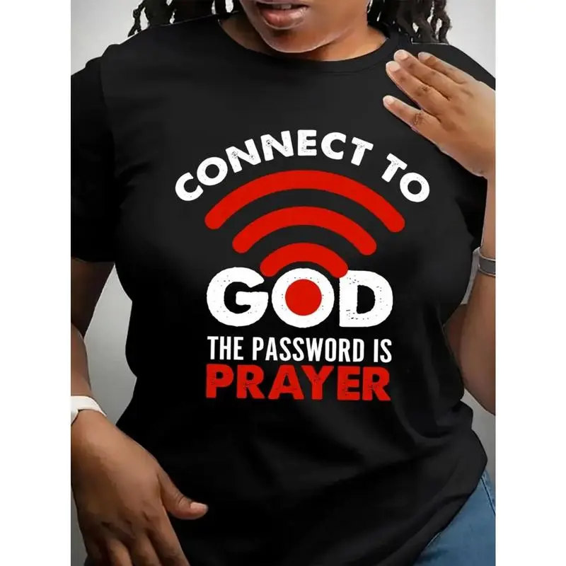 Women's Printed Short Sleeve Round Neck Top - "Connect to God" Graphic, Casual Loose Fit, Soft Comfortable Fabric, Nontransparent, Plus Size Fashion for Casual Everyday Wear