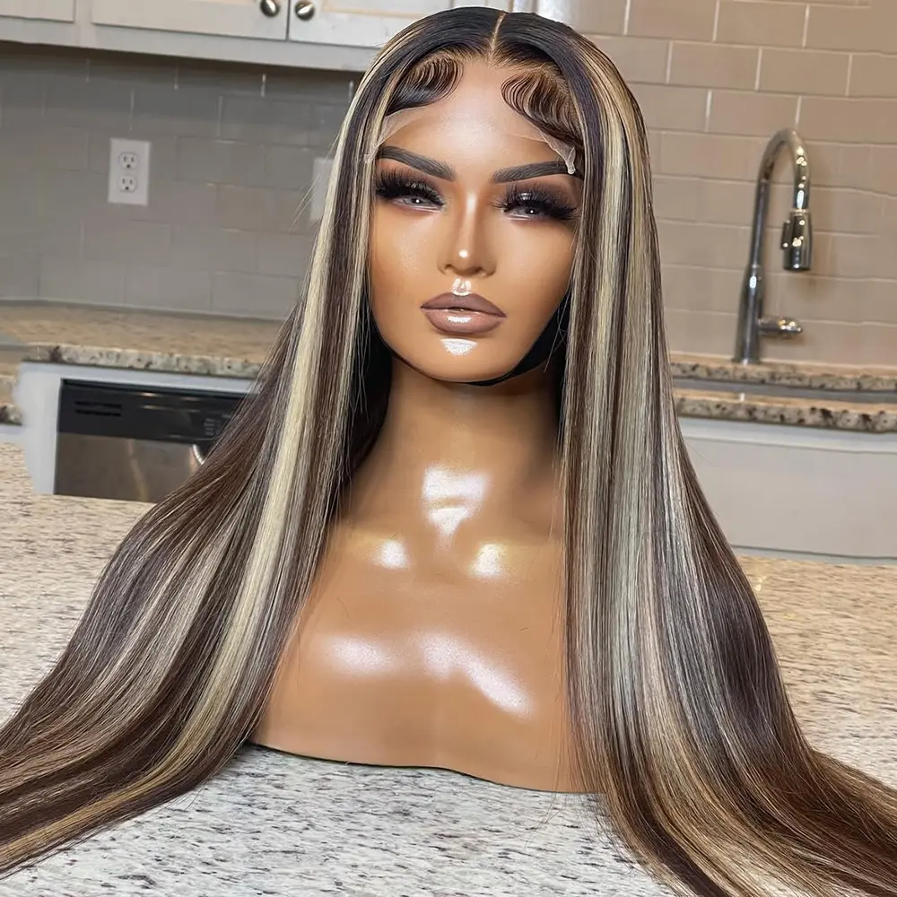 P1B/27 Balayage Highlights Colored  Lace Frontal Wig Human Hair 13X6 Straight Lace Front Wigs Pre-Plucked 180% Density HD Transparent Highlights Honey Blonde Wig Human Hair Wigs For Women, Glueless Wigs, Heat Resistant