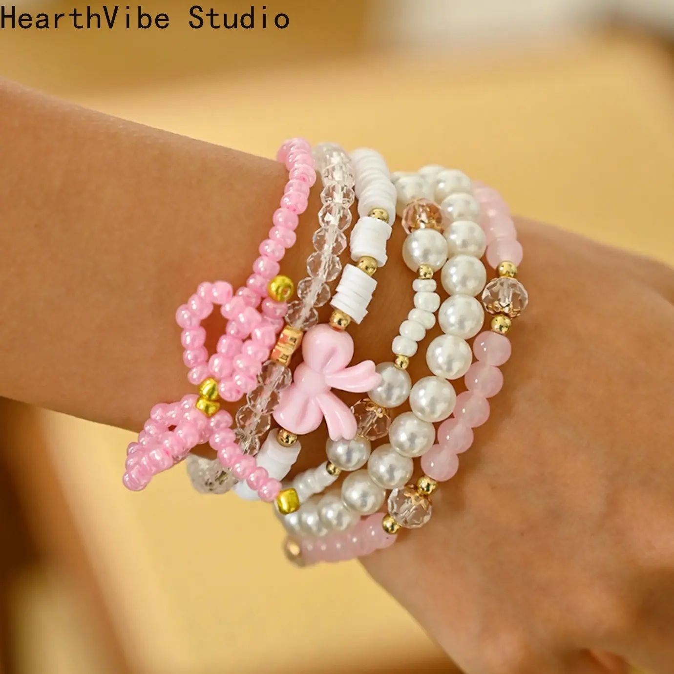 6-Piece Glass Bead & Faux Pearl Sports Wristbands Set, Handmade Y2K Bow & Heart Jewelry Design, Fashion Matching Bracelet for Women, Unisex Wear Boho Style Layered Bangles
