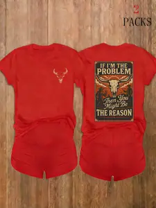 Women Western Bull Skull Print Short Sleeve Top & Shorts Two Piece Set, Womenswear, Loose Fit, Breathable Fabric, Perfect for Streetwear, Daily Outings & Casual Loungewear, Outfit