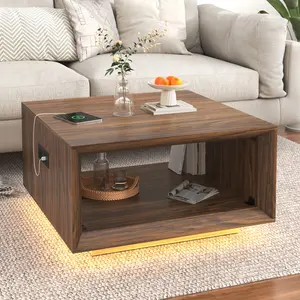 32" Mid Century Modern Coffee Table with LED Light & Power Outlet, 2-Tier Square Storage Coffee Table for Living Room, Deep Beveled Edge Thick Wood Cocktail Table