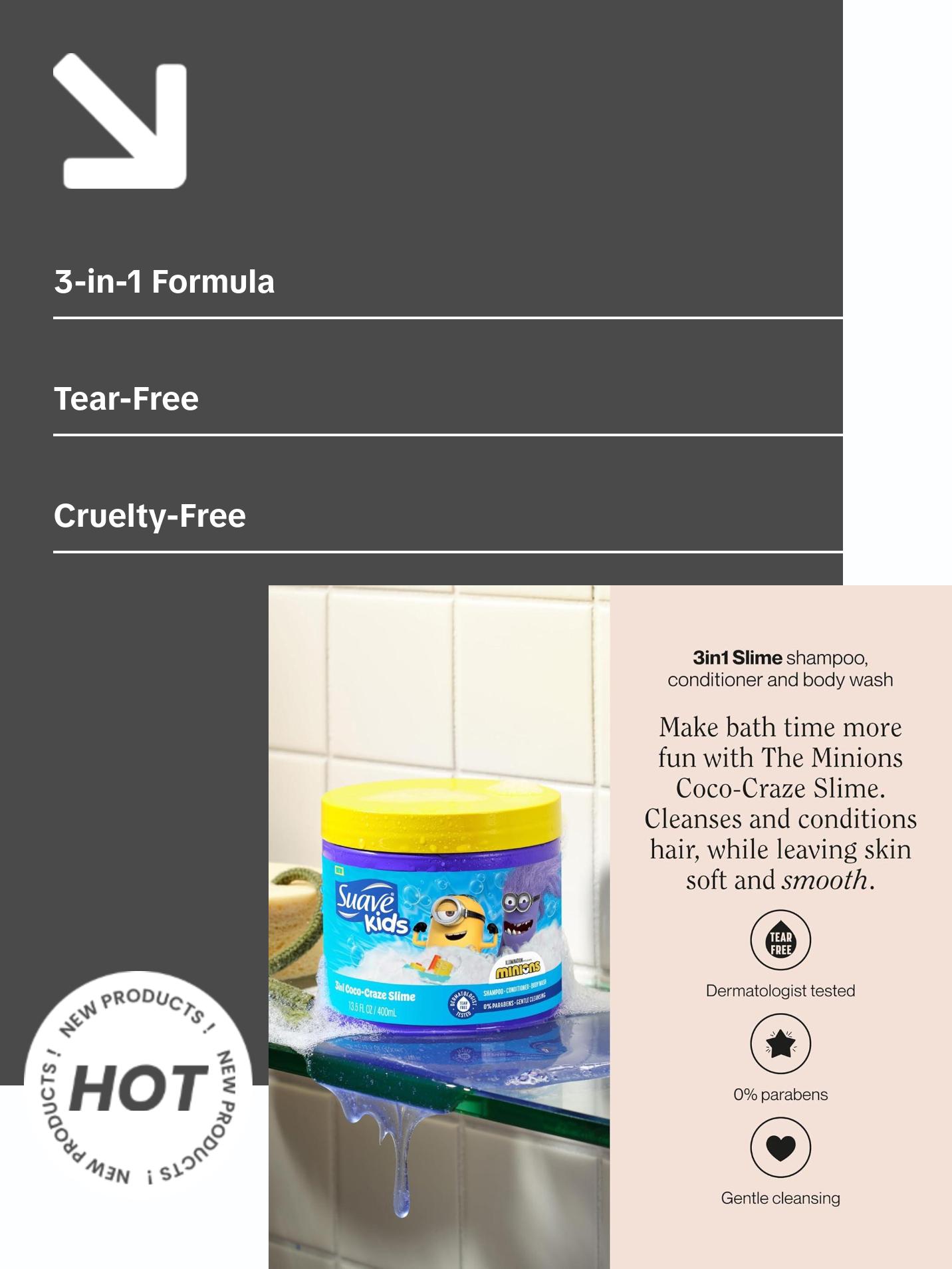 Suave Kids 3-in-1 Coco-Craze Slime 3-Pack — Shampoo, Conditioner + Body Wash for Kids!