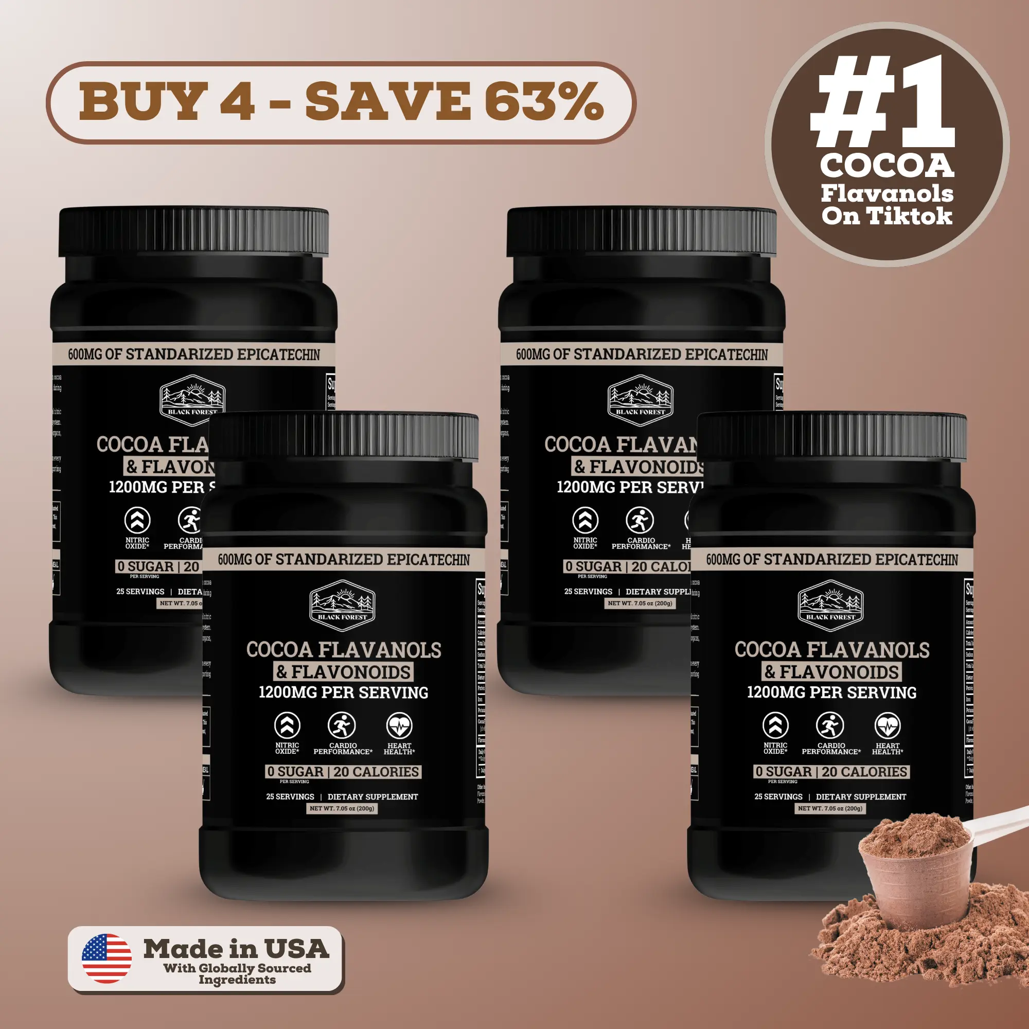 Black Forest Supplements Cocoa Flavanols & Flavonoids Beverage Powder, 4 Bottles - 1200mg/Serving, 600mg Epicatechin, Vegan, Caffeine-Free Antioxidant Nutritional Supplements for Circulation & Energy Support