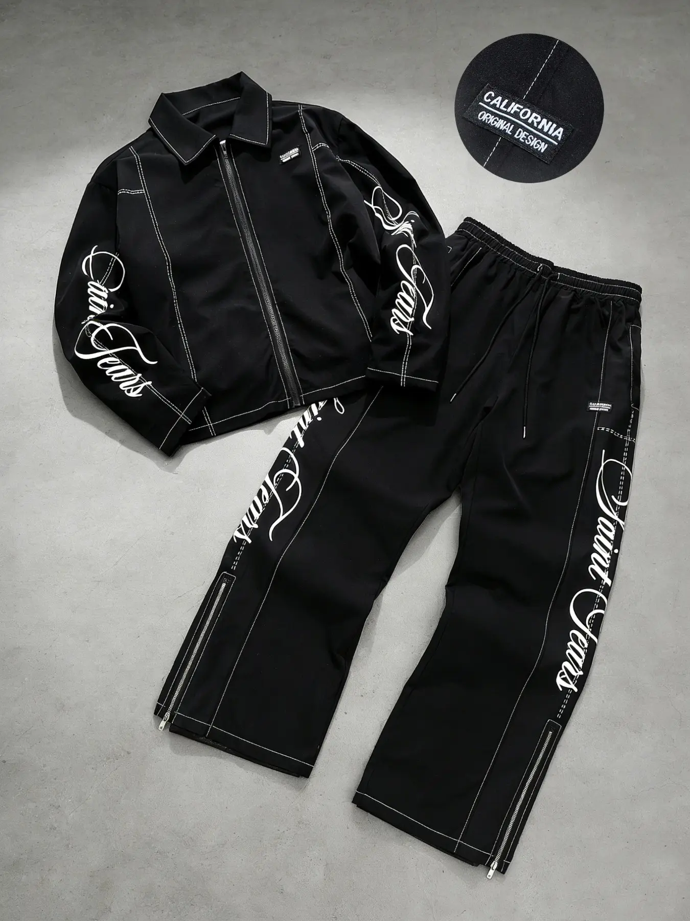Men's Fashion Set, Oversized Zipper Neck Long Sleeve Shirt, Elastic Baggy Pants with Split Hem, Minimalist Luxury, Casual Sporty Style, All Seasons, Streetwear Set