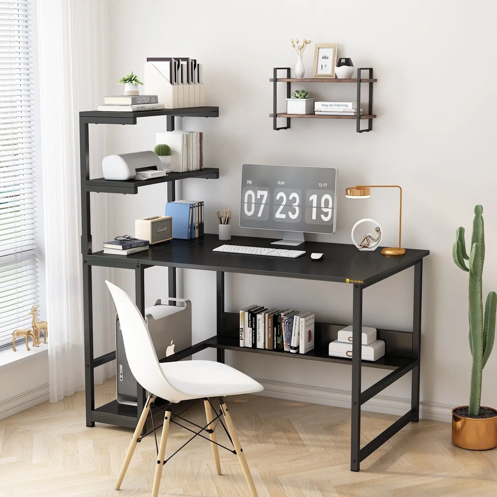 Computer Desk with 4-Tier Storage Shelves, 43.6 inch Modern Large Office Desk Computer Table Studying Writing Desk Workstation with Bookshelf and Tower Shelf for Home Office