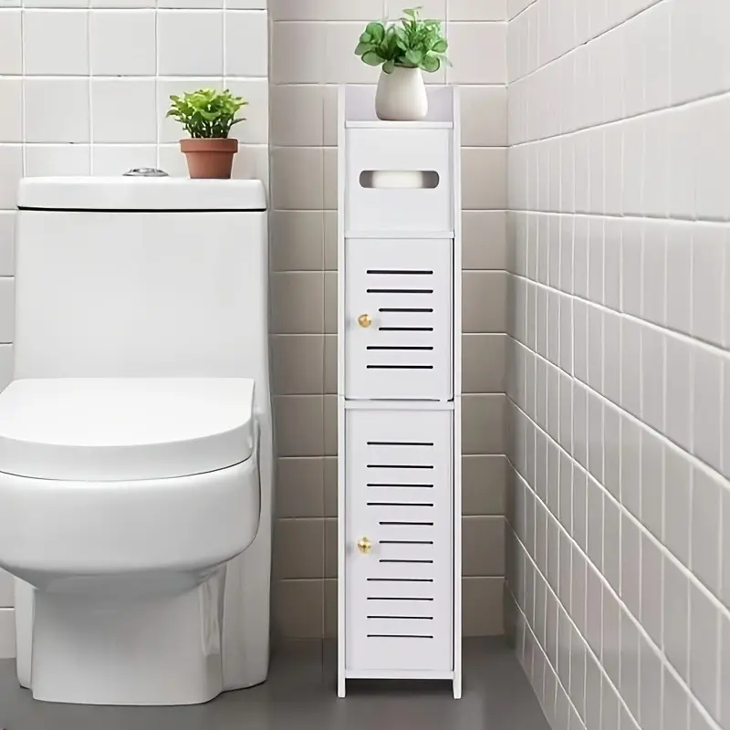 Standalone Corner Bathroom Storage Cabinet | Double-Door Waterproof Plastic Shelving Unit with Shelves and Tissue Holder, Bathroom Cabinet Organizer, Easy to Clean, Suitable for Narrow Spaces, Floor Standing Shelf, Bathroom Storage Cupboard