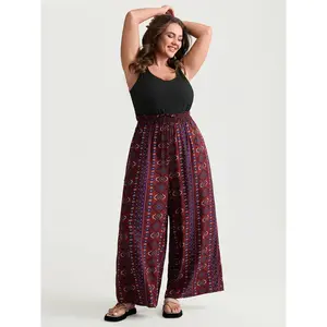 BLOOMCHIC Womens Plus Size Jumpsuit [M-6X] Supersoft Shirred Boho Contrast Print 2026 Summer Vibes