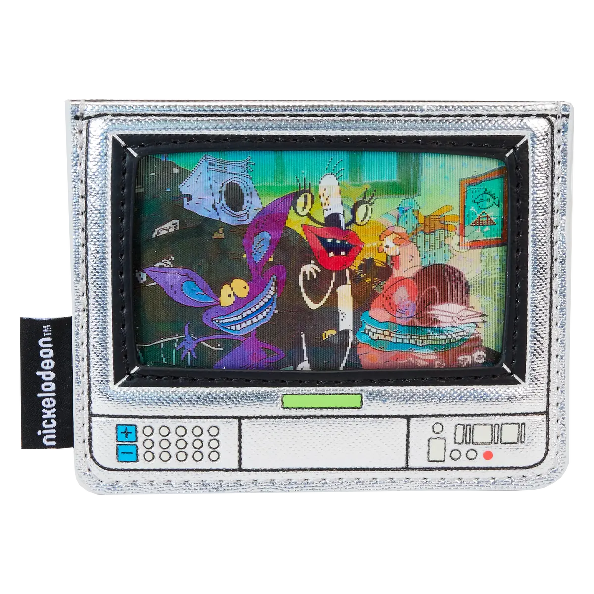 Nickelodeon Retro TV Lenticular Card Holder, Themed Metallic Vegan Saffiano Leather with 3 Card Slots, Themed Cardholder, Wallets For Women, Applique Details, Switch Cartoons As You Tilt, Vegan Pu Leather, Soft Yet Sturdy, 90S Kid, Lenticular Details, Emb