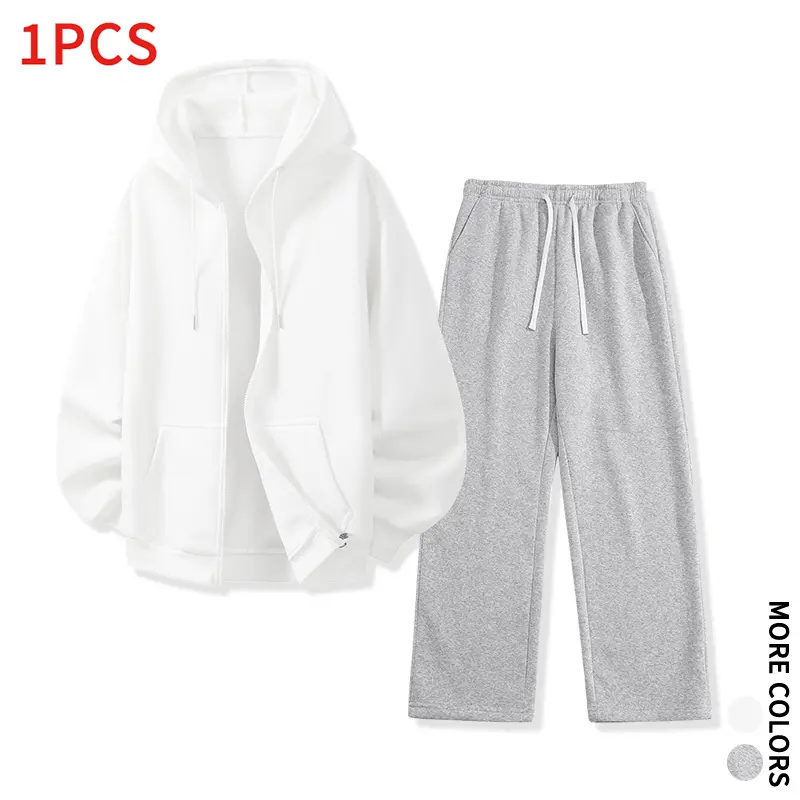 Men Solid Color Hooded Zip Jacket Wide Leg Sweat Pants Matching Set Breathable Outfit Jogging Weekend Gathering Casual Street Suit