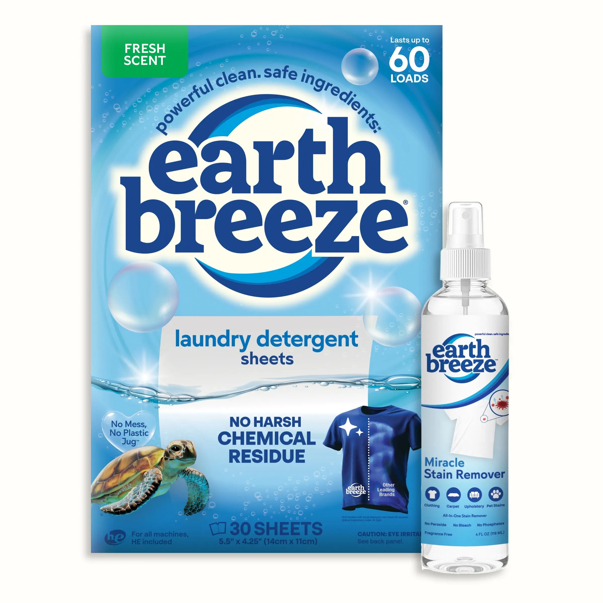 Earth Breeze Laundry Essentials Bundle: Laundry Detergent Sheets & Miracle Stain Remover Spray | Powerful Stain Fighter & Deep Clean Kit | Eco-Friendly & Zero Waste