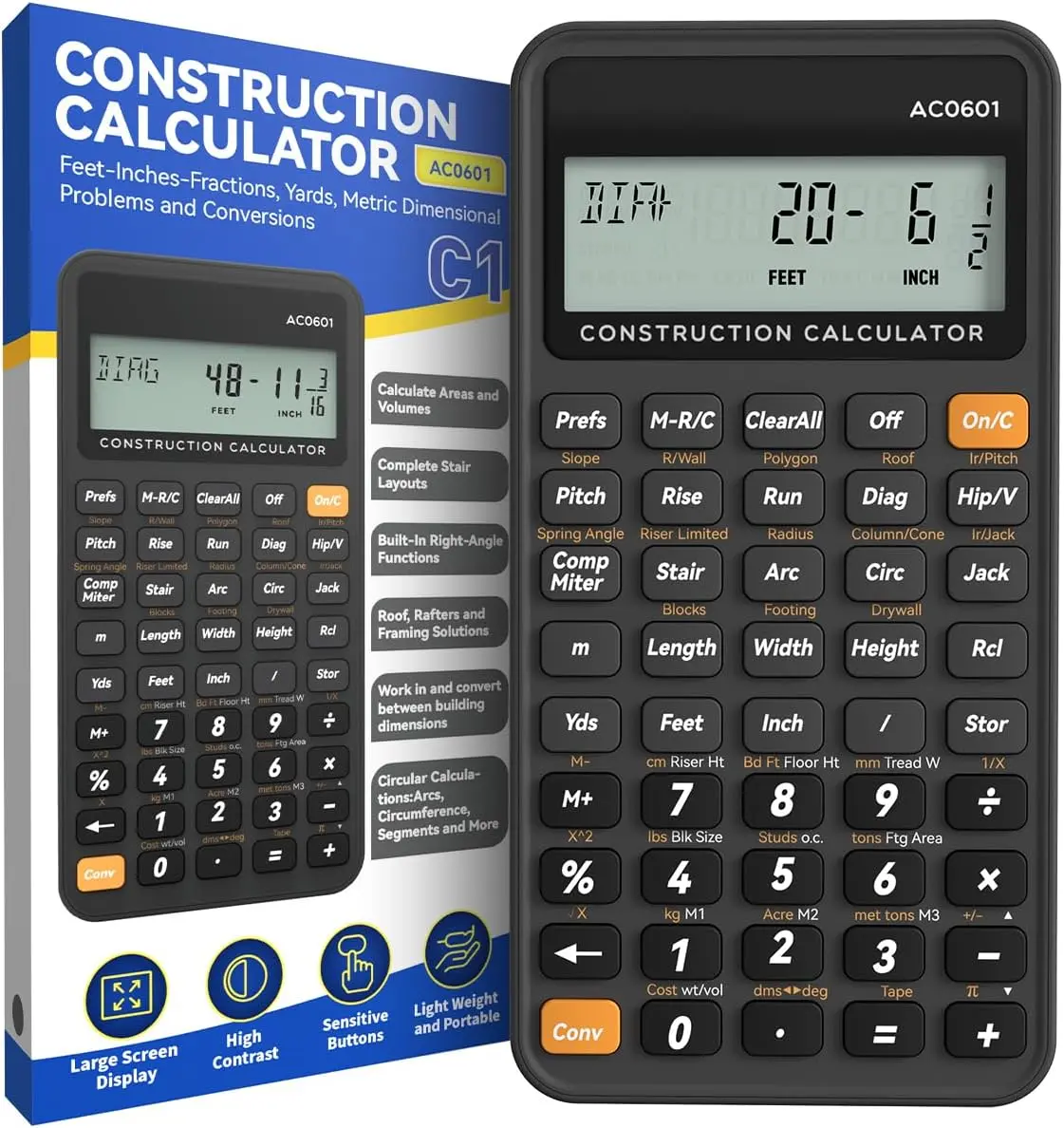 ROATEE AC0601 Construction Calculator - 200+ Engineer Functions, 3in 12-Digit High Contrast Screen, Arc Properties, Cells Support, ft-Inch-Fraction, for Contractors, Concrete, Flooring, Boards Use (No Batteries, No Writing Tablet)