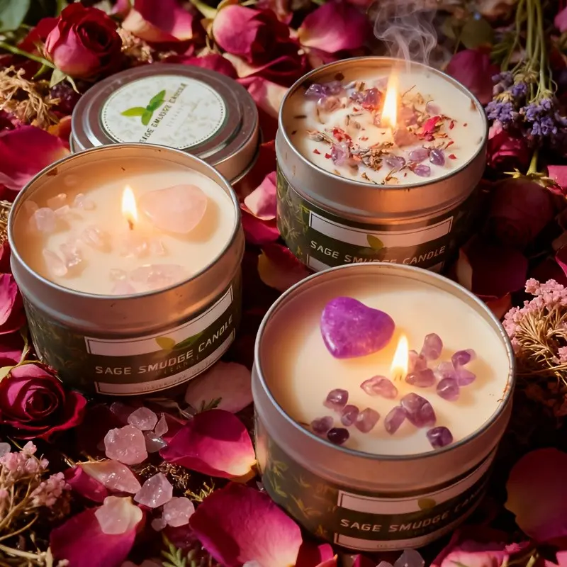 Crystal  Scented Candles Gift Set Soy Wax Edition with 1 Heart-shaped carved Crystal stone, Soy Scented Wax, Floral Scent, amethyst, pink crystal, Net content 100g/24 Hour Burn Time Handmade Gifts