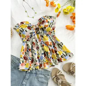 Soleia Summer Vacation Leisure Apricot&Blue&Yellow Fruit  Knot Bust Frill Trim Shirred Back Tube Top
