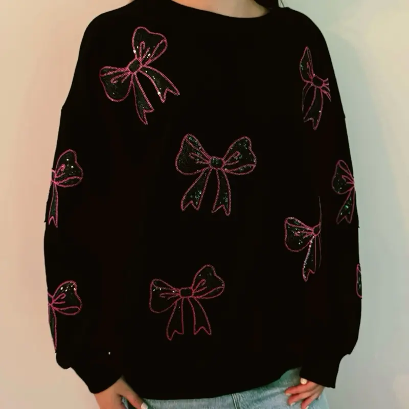 Black Bow Sweatshirt with Pink Sequin Embroidered Bows for Stylish Comfort