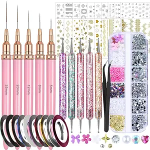 10PCS Nail Striping Tape Lines With Nail Art Tools, Nail Charms, 20PCS Nail Stickers, Liner Brushes For Nails 5/8/12/20/25mm, Nail Dotting Tool, Nail Brushes, Nail Art Kit, Nail Design Tools