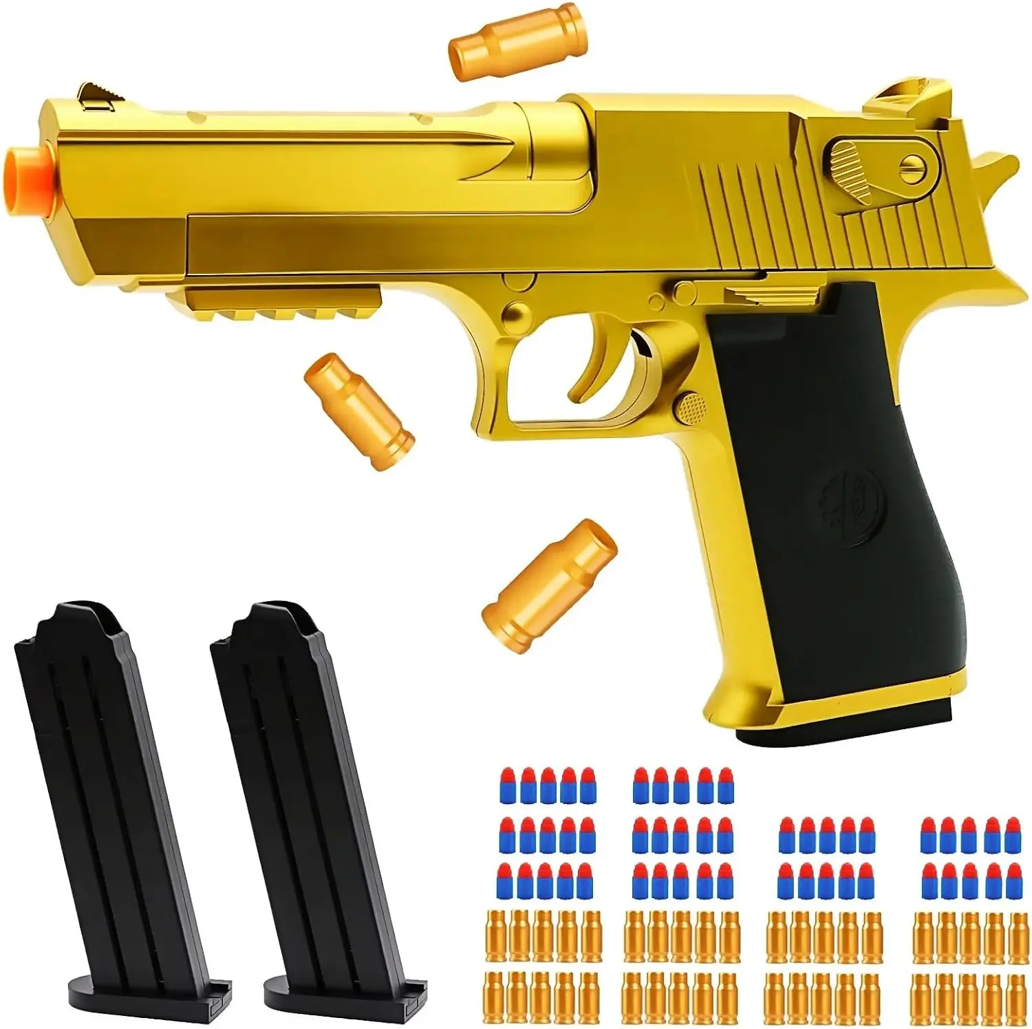 Pro Gold Shell-Eject Toy Gun with Realistic Foam Bullets 6+ Kids | Gold ABS, CPC/ASTM safe. Realistic cocking & firing action. Educational game, Birthday Halloween Christmas gift. 32FT range.