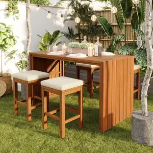 5 Piece Outdoor High Top Table & Chair Set, Acacia Wood Tall Dining Set with Beige Cushions, Modern Patio Furniture for Backyard, Poolside and Balcony
