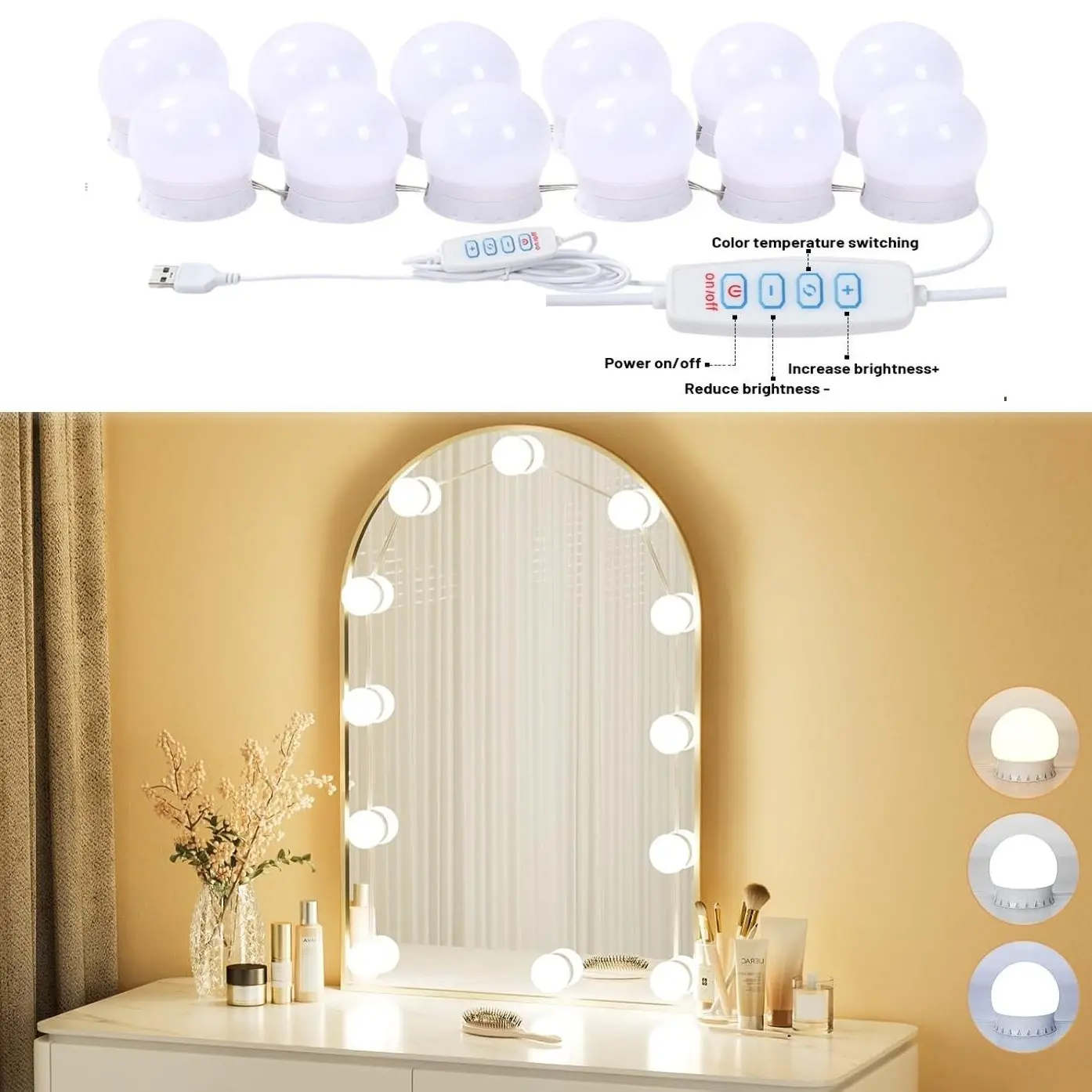 Consciot Hollywood-Style LED Vanity Lights - 12 Dimmable Included LED Bulbs, Adjustable Color & Brightness, USB Cable, Stick-On Easy-Install Lighting Fixtures for Makeup Tables