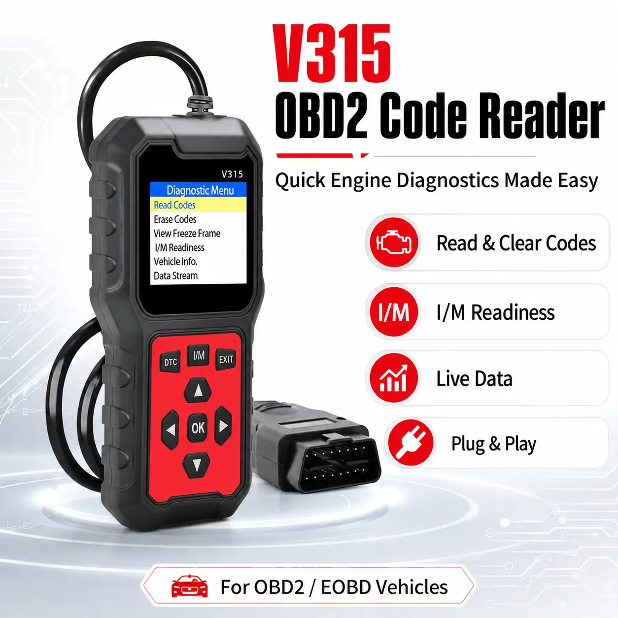 V315 OBD2 Scanner Code Reader, Engine Fault Diagnostic Tool with Read Clear Codes, Live Data, Freeze Frame, I/M Readiness, Vehicle Information, 9 Languages for OBD2 EOBD Vehicles