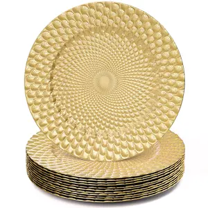 Gold Charger Plates, 13" Plastic Round Decorative Dinner Under Plate, Reusable Elegant Peacock Service Chargers for Wedding Christmas Thanksgiving, Party Table Place Setting