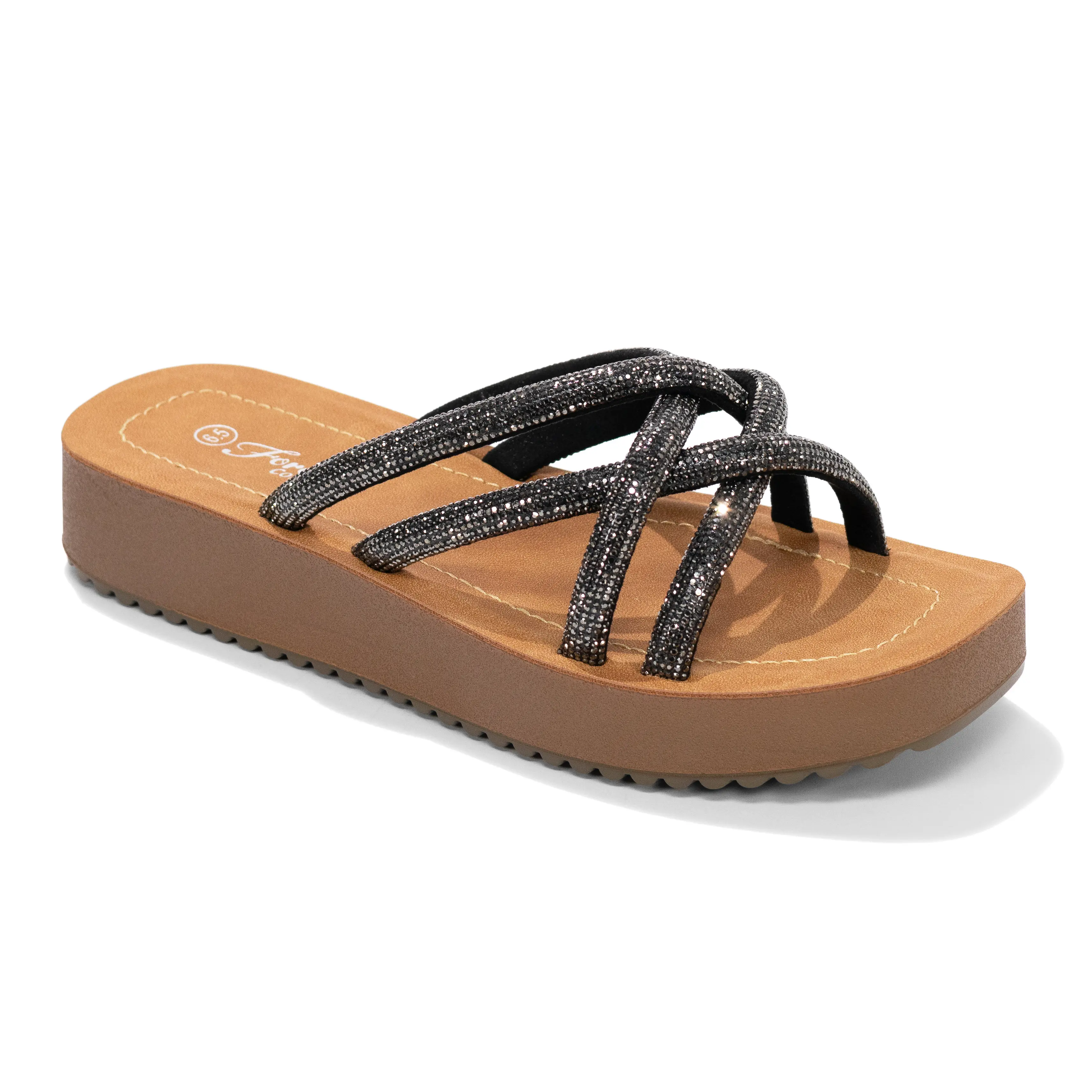 Pamela - Women’s Rhinestone Multi Strap Platform Sandals, Sparkly Open Toe Slip-On Slides with Cushioned Comfort Footbed, Lightweight Summer Wedge Footwear for Vacation, Beach & Everyday Casual Wear
