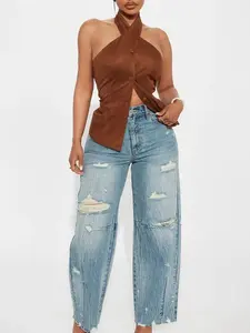 Bexy Destructed Barrel Wide Leg Jeans - Medium Wash