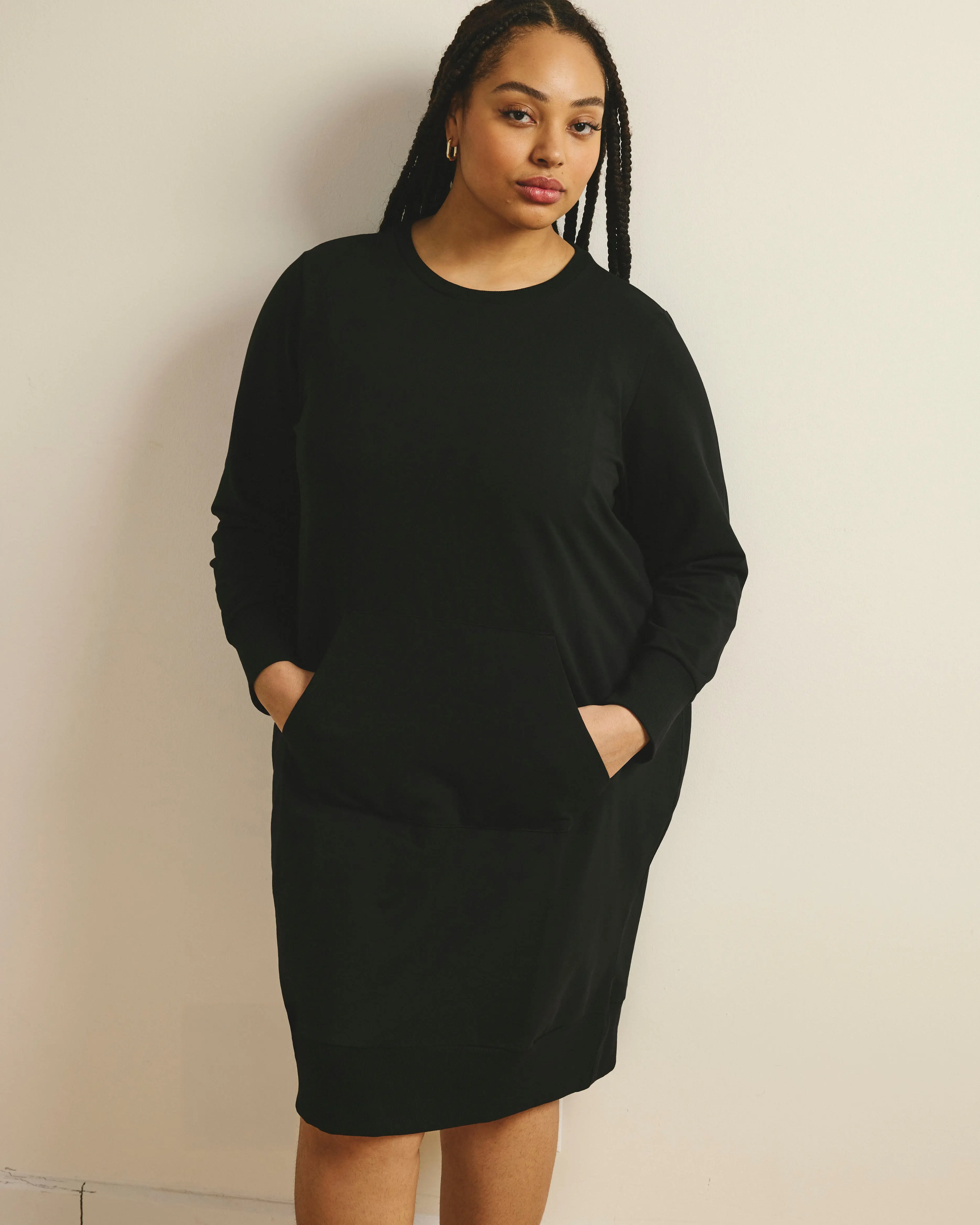 Women's Classic Casual Long Sleeve Lightweight Cotton-Elastane Sweatshirt Dress - Drawstring, Side-Seam Pockets, Loose Fit, Black, Cold Wash Safe, Daily Day Wear, Basic Cotton Blend Going Out Ready-to-Wear