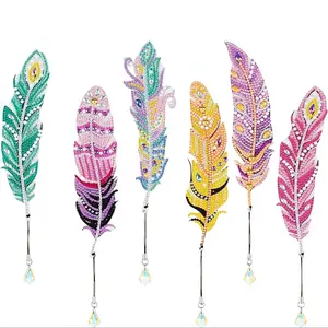 6-piece DIY colorful feather bookmark diamond painting set, art PET single-sided crystal water diamond book notes, 5D diamond painting bookmark set, special-shaped diamond art, feather bookmarks suitable for reading enthusiasts