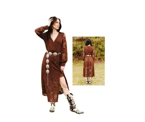 Brown Western Lace Long Sleeve Midi Dress