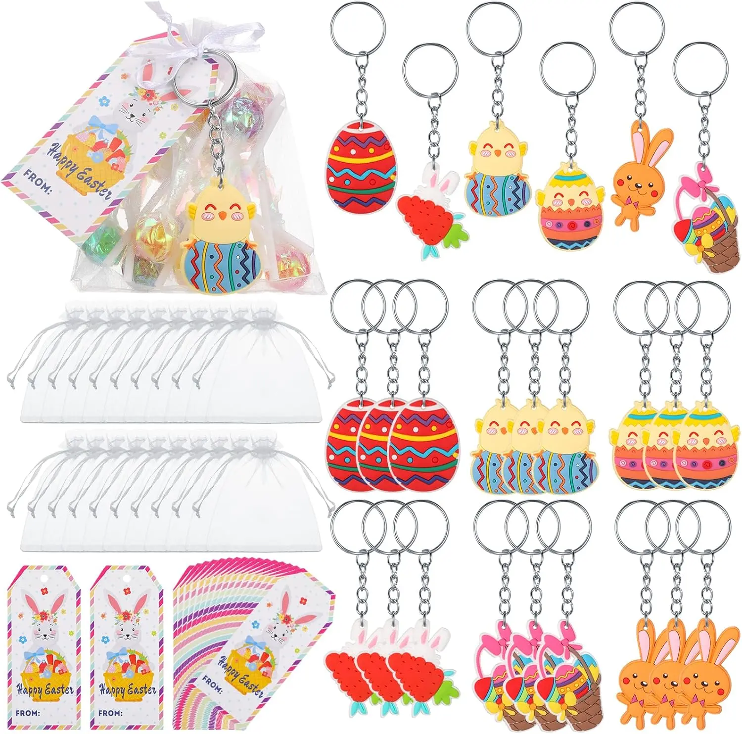 24 Set Easter Students Gifts Include Rabbit Easter Egg Keychain, Gift Label Tags, Organza Bags Easter Basket Hunt Party Favors Easter Basket Stuffers Classroom Gifts