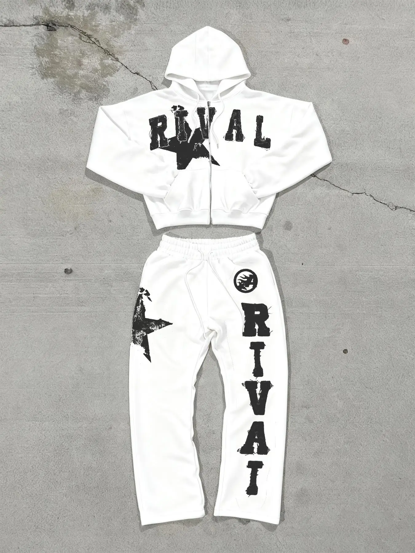 Preppy Rival Graphic Sportswear Set, Casual Sport Set, Casual Activewear Set, Zip Hoodie & Loose Pants, Streetwear Tracksuit Set, Design, Street Style, Perfect for Urban Trendsetters, Athleisure Outfits, Tracksuit Sets