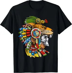 Men's Aztec Skull-Jaguar Warrior Mask Mayan Graphic T-Shirt, Fashion Natural Top with Sleeve, Casual Sports Wear Menswear Shortsleeve,summervibes