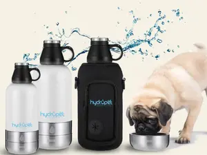 HydroPet Dog Water Bottle 32 oz or 64 oz Stainless Steel Flask with Dual Dog Bowls, BPA-Free, Includes Strap, Travel & Road Trip Essential