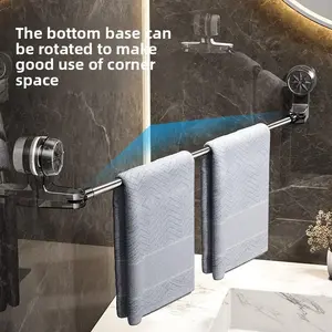 Stainless Steel Suction Cup Towel Rack No-Drill Adjustable Bathroom Kitchen Storage Rack for Towels Slippers & Shower Curtain Rod with Rotatable Base