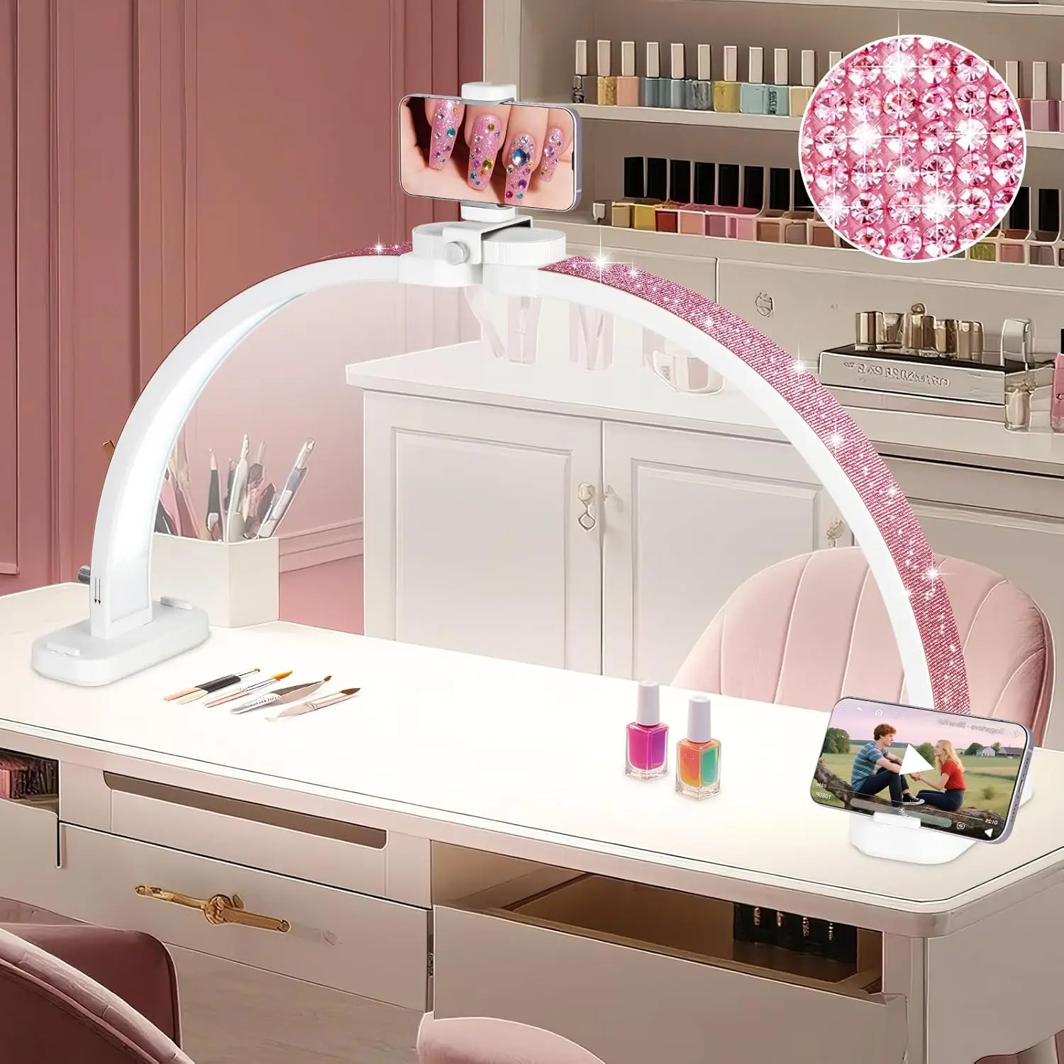 HITTI Super Large 31in Half Moon Light for Nail Desk, Foldable Arch Light for Nail Tech Lamp with Phone Stand, LED Table Lamp for Manicure, Handicraft, Art, Eyelash Extension (Crystal Diamond) -White