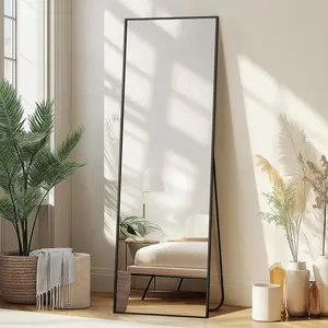Wall-Mounted Full-Length Mirror, Standing Full-Length Mirror, Large Floor-To-Ceiling Wall-Mounted Mirror for Bedroom, Bathroom, Living Room with Aluminum Frame (with Stand, 56x15-Black)