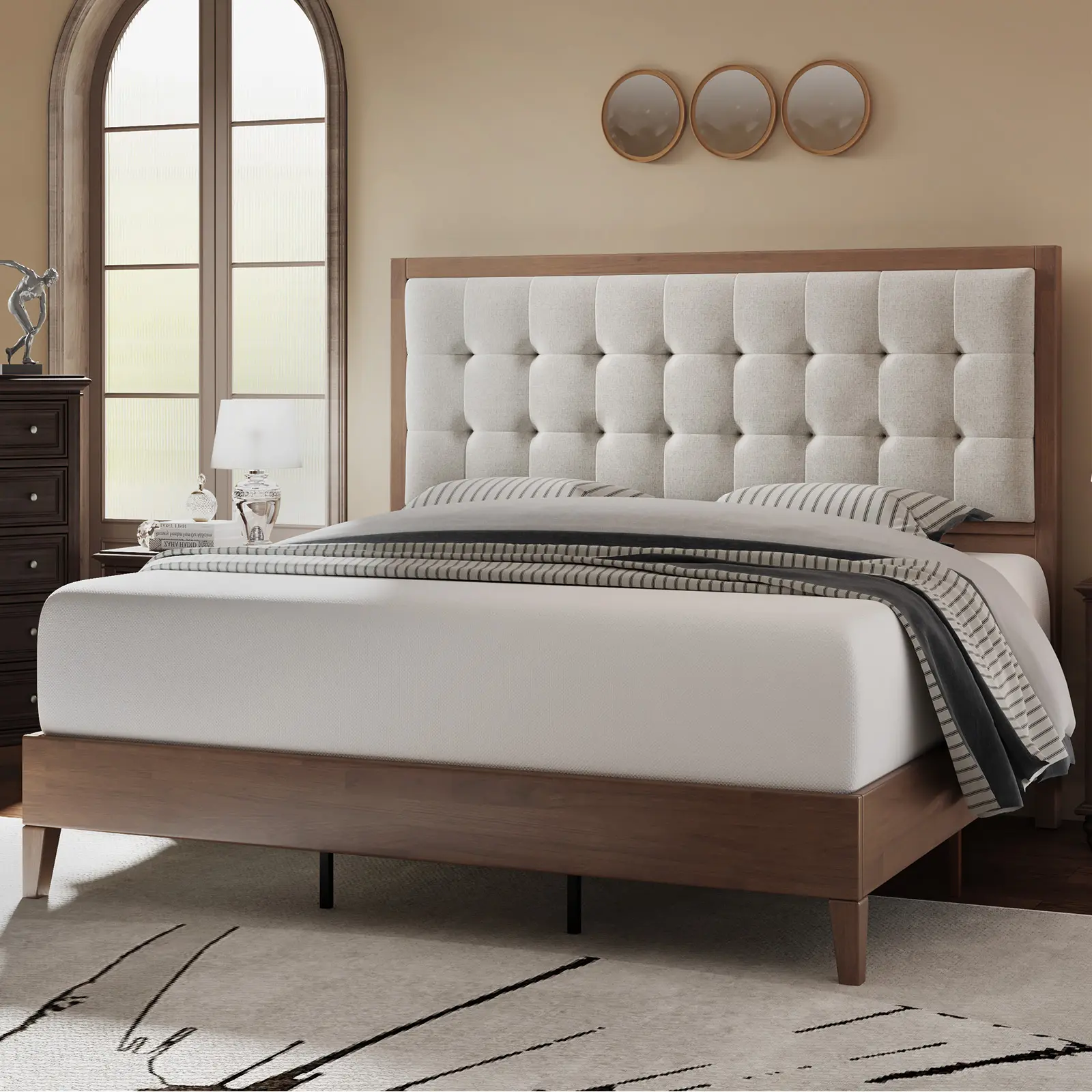 [SummerWins] [SummerFinds] ALBOTT Bed Frame with Headboard, Solid Wooden Bed Frame,  Mid-Century Platform Bed Frame, No Box Spring Required, Full/King/Queen
