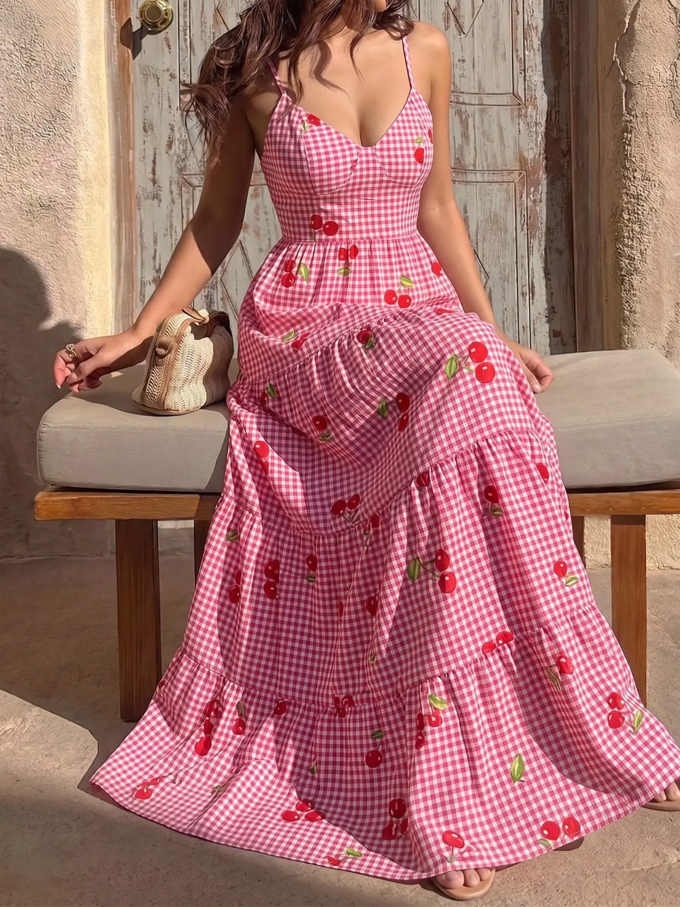 Women's Coquette Style Aesthetic Cherry Print Plaid Dress, Layered Strap Long Dress, Perfect for Casual Daily Wear, Parties, Picnics, Summer, Piece