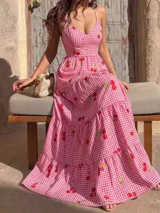 Women's Coquette Style Cherry Print Plaid Dress, Layered Strap Long Dress, Perfect for Casual Daily Wear, Parties, Picnics, Summer