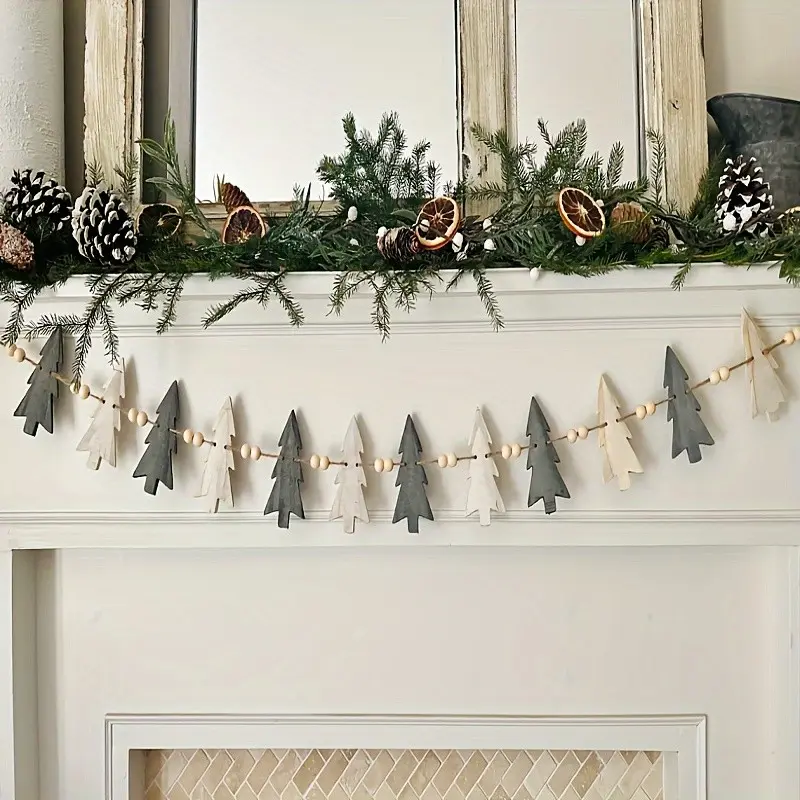 12 Trees Wood Bead Wreath, Wooden Winter Decor, Christmas Decoration, Holiday Fireplace Decorative Ornaments, Perfect Festive Gift, No Power Needed