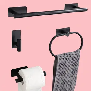 Bathroom Accessory Storage Set, 4-Piece Perforation-Free Towel Ring, Stainless Steel Towel Bar, Toilet Roll Holder, Coat and Hat Hook, Bathroom Organizing Accessories, Bathroom Organizer, Bathroom Essentials Accessories
